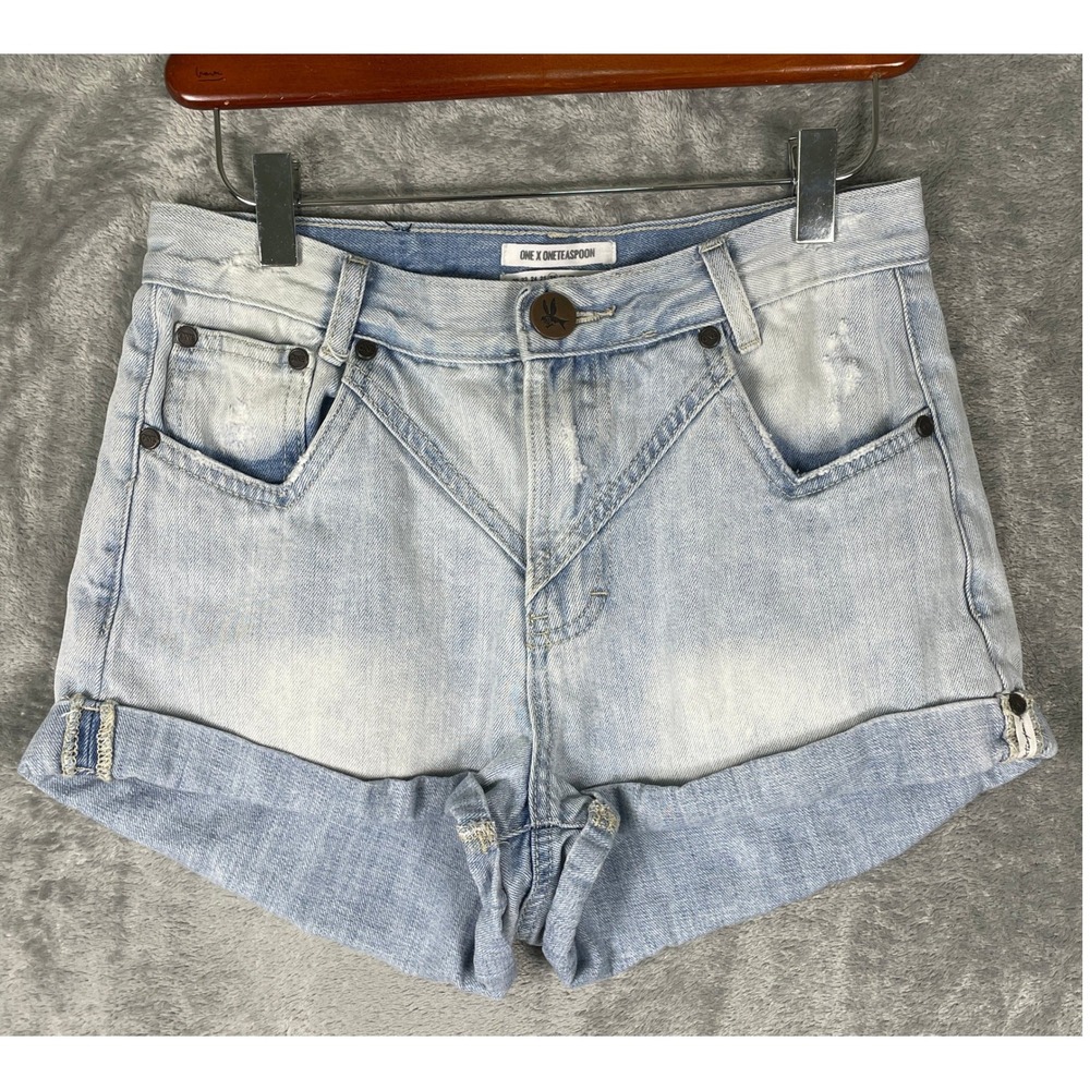 One Teaspoon Hawks Shorts Womens 26 Blue Excellent Distressed High Rise Denim